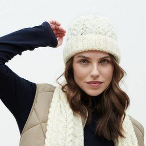 New Irish Aran Beanie 100% Wool Knit Hat Mens Womens Cream Made in Ireland